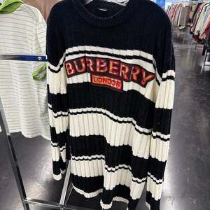 Vintage Burberry London Striped Spell-Out Ribbed Sweater, Black/White